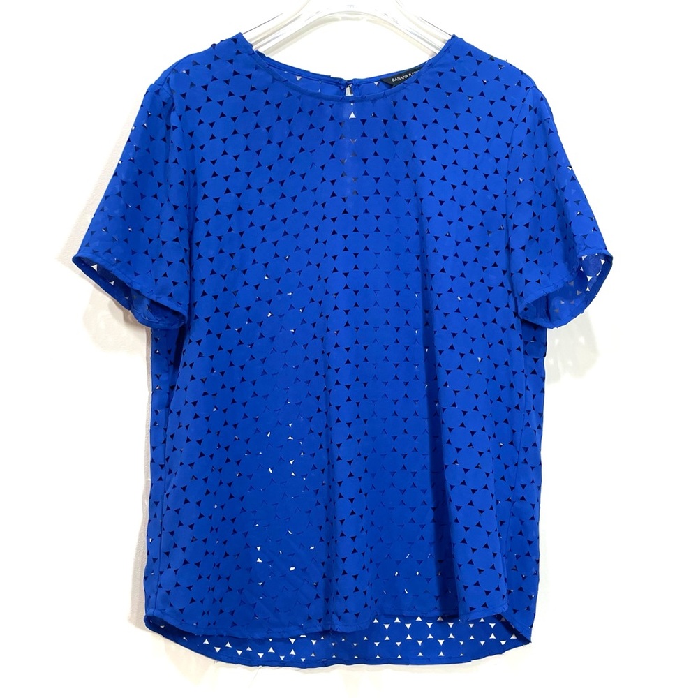 Banana Republic Factory Royal Blue Laser Cut Eyelet Overlay Short Sleeve Blouse